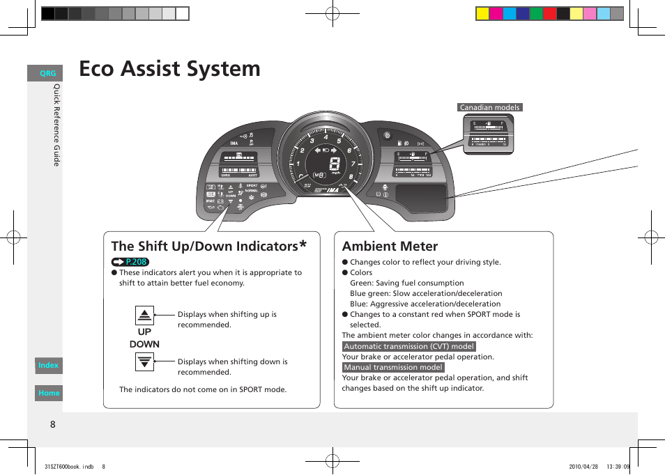 Eco assist system, The shift up/down indicators, Ambient meter | Drive cycle score/lifetime points, Real time score (represents your current trip), Eco guide feedback with eco drive bar | HONDA 2011 CR-Z - Owner's Manual User Manual | Page 9 / 332