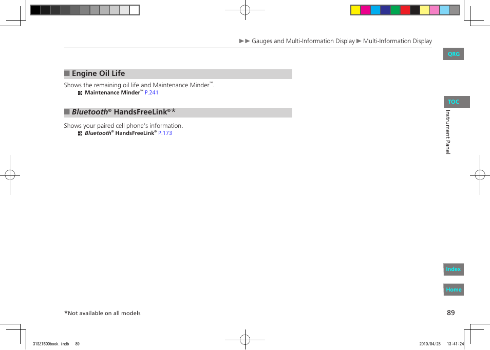 Engine oil life, Bluetooth, Handsfreelink | HONDA 2011 CR-Z - Owner's Manual User Manual | Page 90 / 332