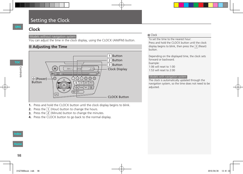 Setting the clock, Clock | HONDA 2011 CR-Z - Owner's Manual User Manual | Page 99 / 332
