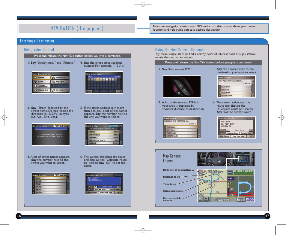 Navigation (if equipped), Entering a destination using voice control, Using the find nearest command | Map screen legend | HONDA 2011 CR-V - Technology Reference Guide User Manual | Page 10 / 13