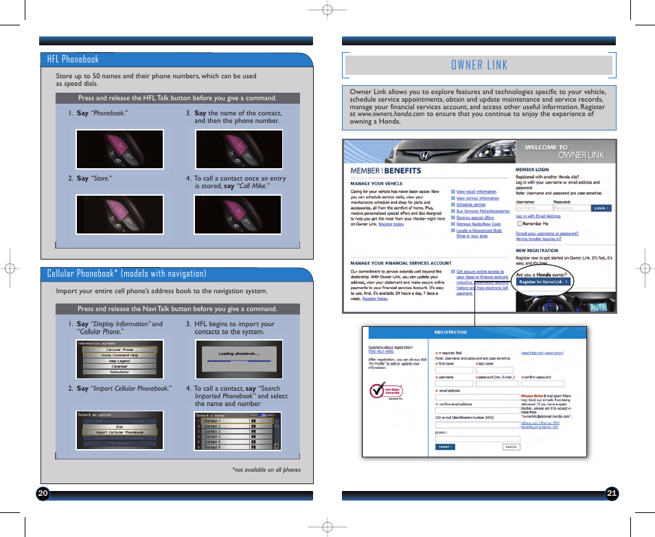 Owner link, Cellular phonebook* (models with navigation), Hfl phonebook | HONDA 2011 CR-V - Technology Reference Guide User Manual | Page 12 / 13