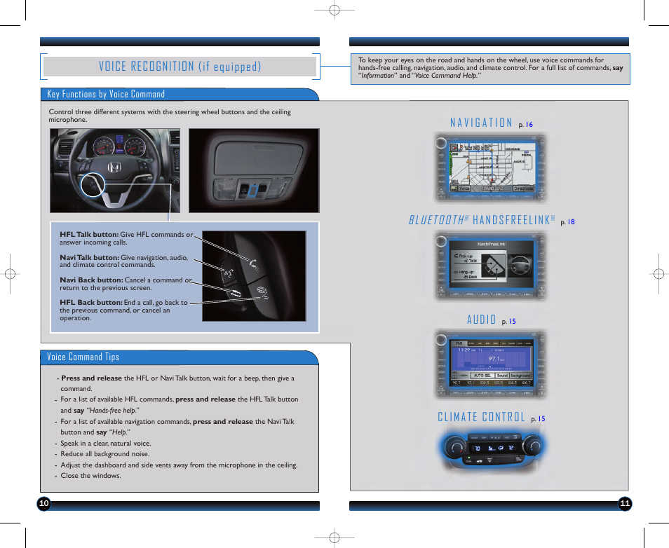 Voice recognition (if equipped), Bluetooth, Audio | Climate control, Handsfreelink | HONDA 2011 CR-V - Technology Reference Guide User Manual | Page 7 / 13