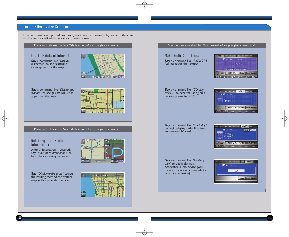 Commonly used voice commands, Locate points of interest, Get navigation route information | Make audio selections | HONDA 1981 Civic Sedan - Technology Reference Guide User Manual | Page 7 / 13