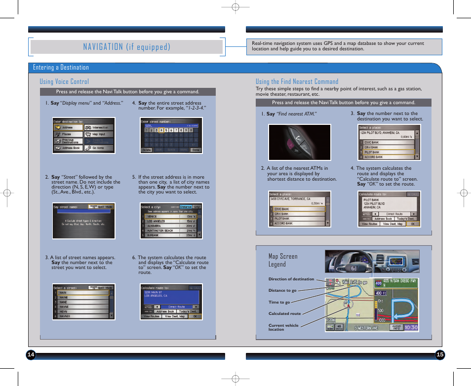 Navigation (if equipped), Entering a destination using voice control, Using the find nearest command | Map screen legend | HONDA 1981 Civic Sedan - Technology Reference Guide User Manual | Page 9 / 13