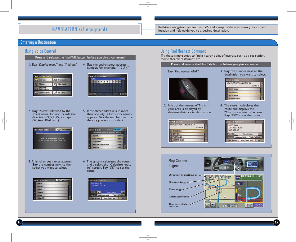 Navigation (if equipped), Entering a destination using voice control, Using find nearest command | Map screen legend | HONDA 2011 Civic Hybrid - Technology Reference Guide User Manual | Page 10 / 14