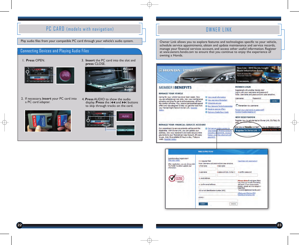Pc card, Owner link, Models with navigation) | Connecting devices and playing audio files | HONDA 2011 Civic Hybrid - Technology Reference Guide User Manual | Page 13 / 14