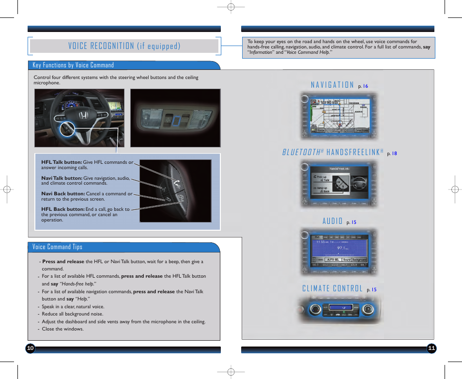 Bluetooth, Voice recognition (if equipped), Audio | Climate control, Handsfreelink | HONDA 2011 Civic Hybrid - Technology Reference Guide User Manual | Page 7 / 14