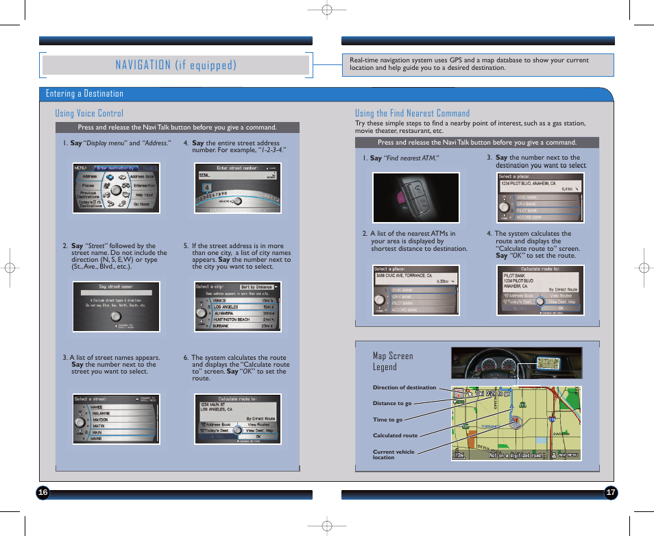 Navigation (if equipped), Entering a destination using voice control, Using the find nearest command | Map screen legend | HONDA 1981 Accord Sedan - Technology Reference Guide User Manual | Page 10 / 13