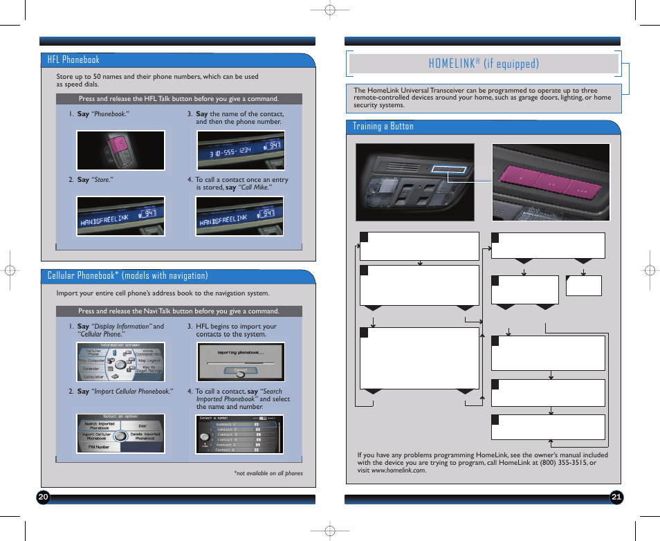 Homelink, If equipped), Hfl phonebook | Cellular phonebook* (models with navigation), Training a button | HONDA 1981 Accord Sedan - Technology Reference Guide User Manual | Page 12 / 13