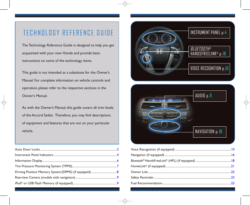 Technology reference guide, Bluetooth, Handsfreelink | HONDA 1981 Accord Sedan - Technology Reference Guide User Manual | Page 2 / 13