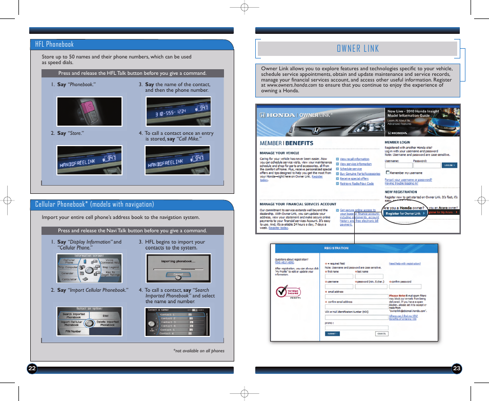 Owner link, Hfl phonebook, Cellular phonebook* (models with navigation) | HONDA 1981 Accord Coupe - Technology Reference Guide User Manual | Page 13 / 14