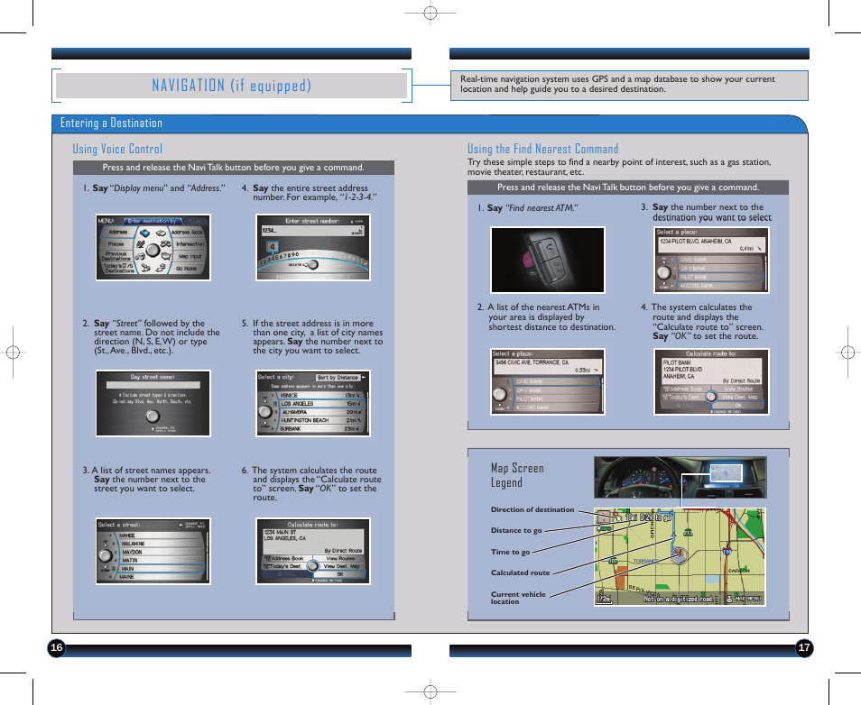 Navigation (if equipped), Entering a destination using voice control, Using the find nearest command | Map screen legend | HONDA 2011 Accord Crosstour - Technology Reference Guide User Manual | Page 10 / 15