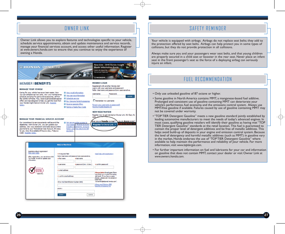 Owner link, Safety reminder, Fuel recommendation | HONDA 2011 Accord Crosstour - Technology Reference Guide User Manual | Page 15 / 15