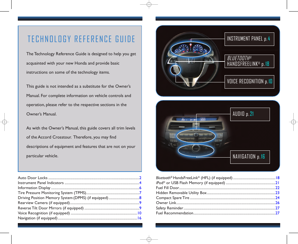 Technology reference guide, Bluetooth, Handsfreelink | HONDA 2011 Accord Crosstour - Technology Reference Guide User Manual | Page 2 / 15