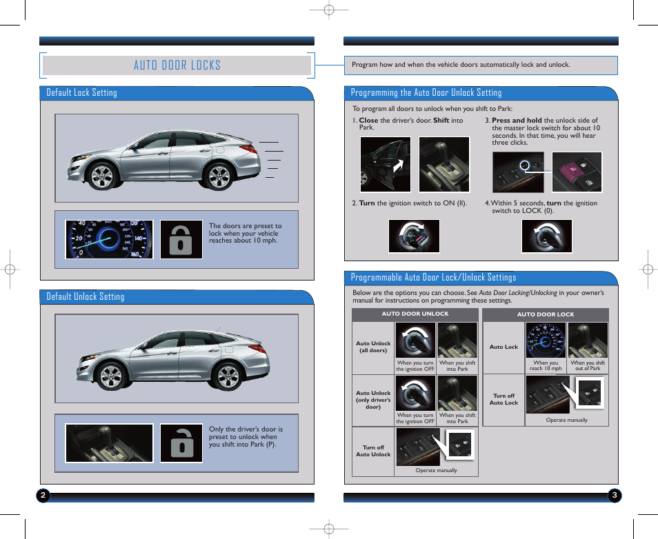 Auto door locks, Default unlock setting, Programmable auto door lock/unlock settings | HONDA 2011 Accord Crosstour - Technology Reference Guide User Manual | Page 3 / 15