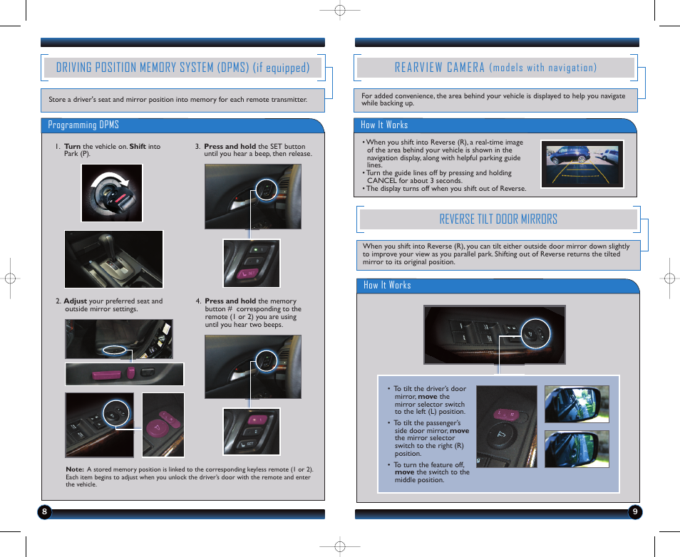 Rearview camera, Reverse tilt door mirrors, Models with navigation) | HONDA 2011 Accord Crosstour - Technology Reference Guide User Manual | Page 6 / 15