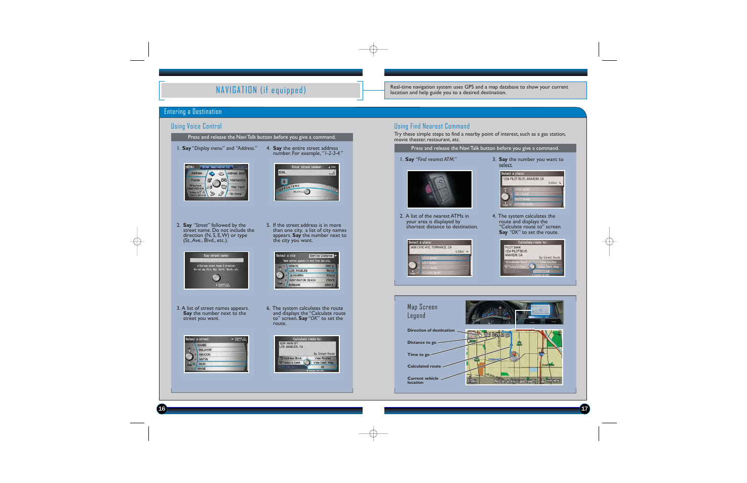 Navigation (if equipped), Entering a destination using voice control, Using find nearest command | Map screen legend | HONDA 2010 Accord Crosstour - Technology Reference Guide User Manual | Page 10 / 14