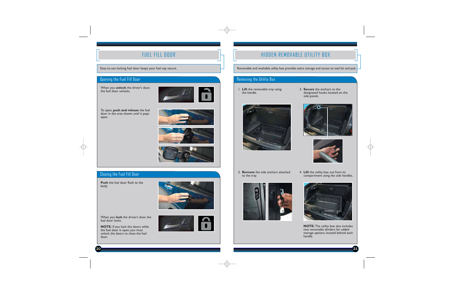 Fuel fill door, Hidden removable utility box, Removing the utility box | Opening the fuel fill door, Closing the fuel fill door | HONDA 2010 Accord Crosstour - Technology Reference Guide User Manual | Page 12 / 14