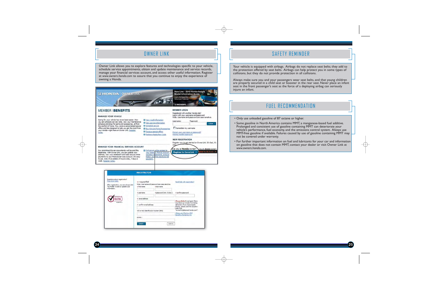 Owner link, Safety reminder, Fuel recommendation | HONDA 2010 Accord Crosstour - Technology Reference Guide User Manual | Page 14 / 14