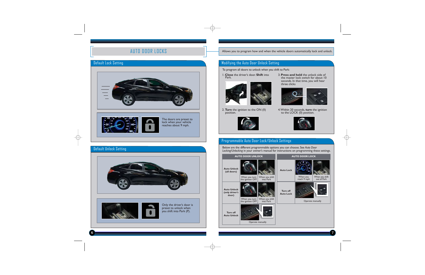 Auto door locks, Default unlock setting, Programmable auto door lock/unlock settings | HONDA 2010 Accord Crosstour - Technology Reference Guide User Manual | Page 5 / 14