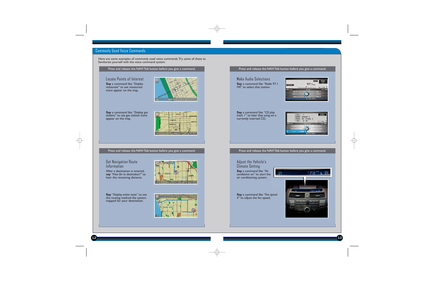 Commonly used voice commands, Locate points of interest, Get navigation route information | Make audio selections, Adjust the vehicle’s climate setting | HONDA 2010 Accord Crosstour - Technology Reference Guide User Manual | Page 8 / 14