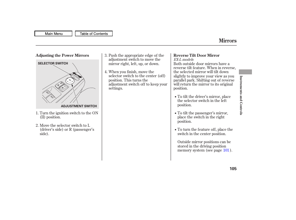 Mirrors, 2010 accord crosstour | HONDA 2010 Accord Crosstour - Owner's Manual User Manual | Page 108 / 434