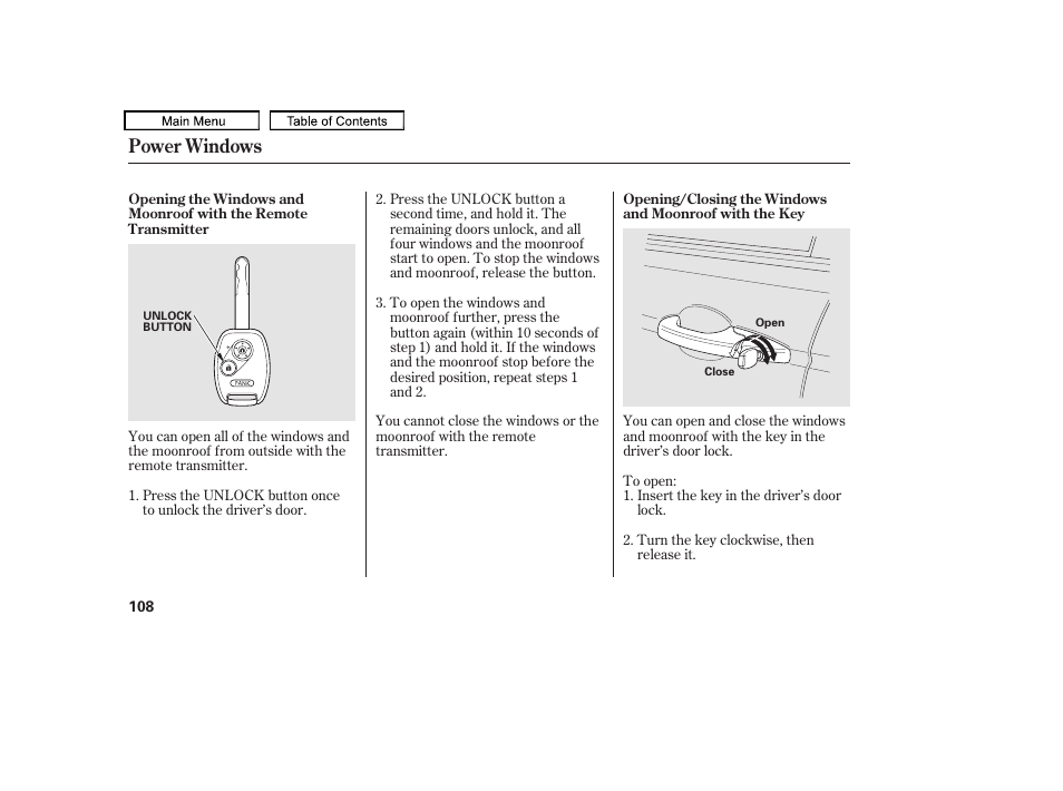 Power windows | HONDA 2010 Accord Crosstour - Owner's Manual User Manual | Page 111 / 434