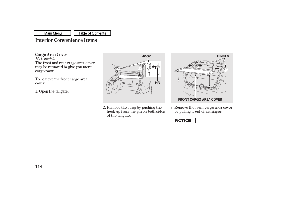 Cargo area cover, Interior convenience items | HONDA 2010 Accord Crosstour - Owner's Manual User Manual | Page 117 / 434