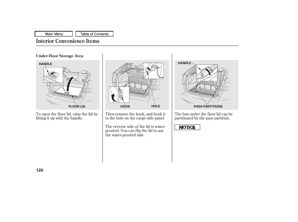 Under-floor storage area, Interior convenience items | HONDA 2010 Accord Crosstour - Owner's Manual User Manual | Page 123 / 434