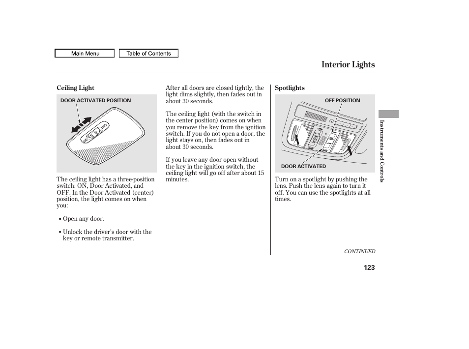 Interior lights, 2010 accord crosstour | HONDA 2010 Accord Crosstour - Owner's Manual User Manual | Page 126 / 434