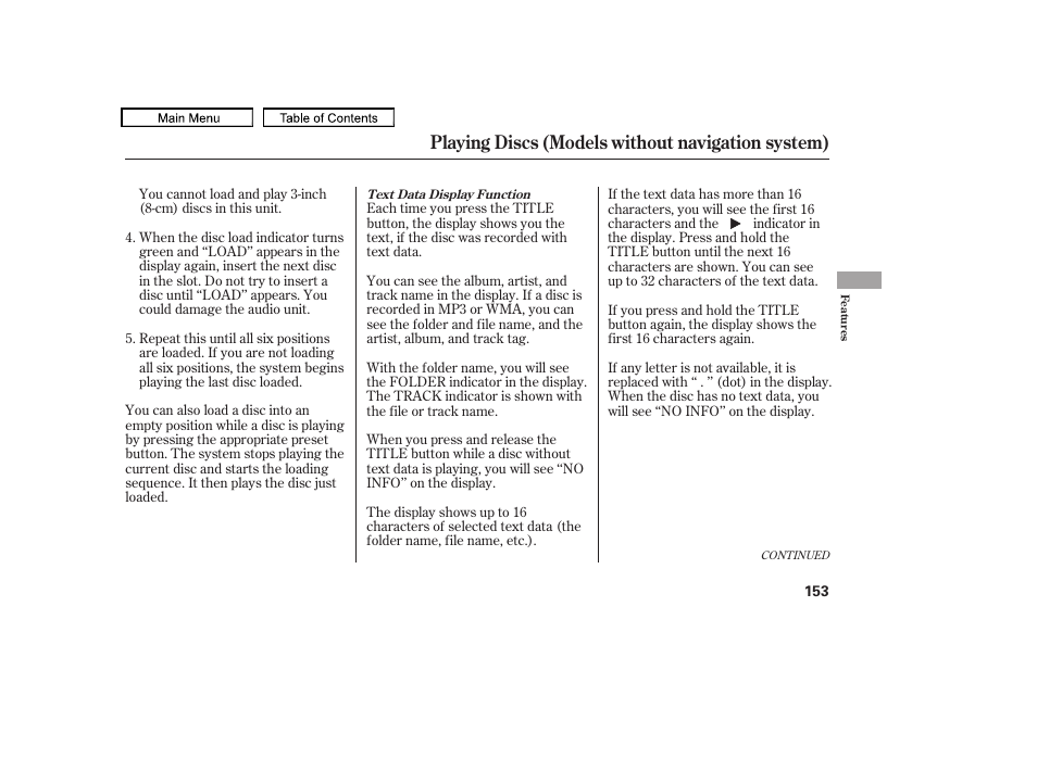 Playing discs (models without navigation system) | HONDA 2010 Accord Crosstour - Owner's Manual User Manual | Page 156 / 434