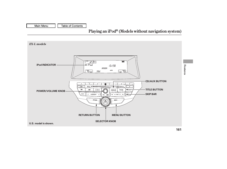 Playing an ipod (models without navigation system), 2010 accord crosstour | HONDA 2010 Accord Crosstour - Owner's Manual User Manual | Page 164 / 434