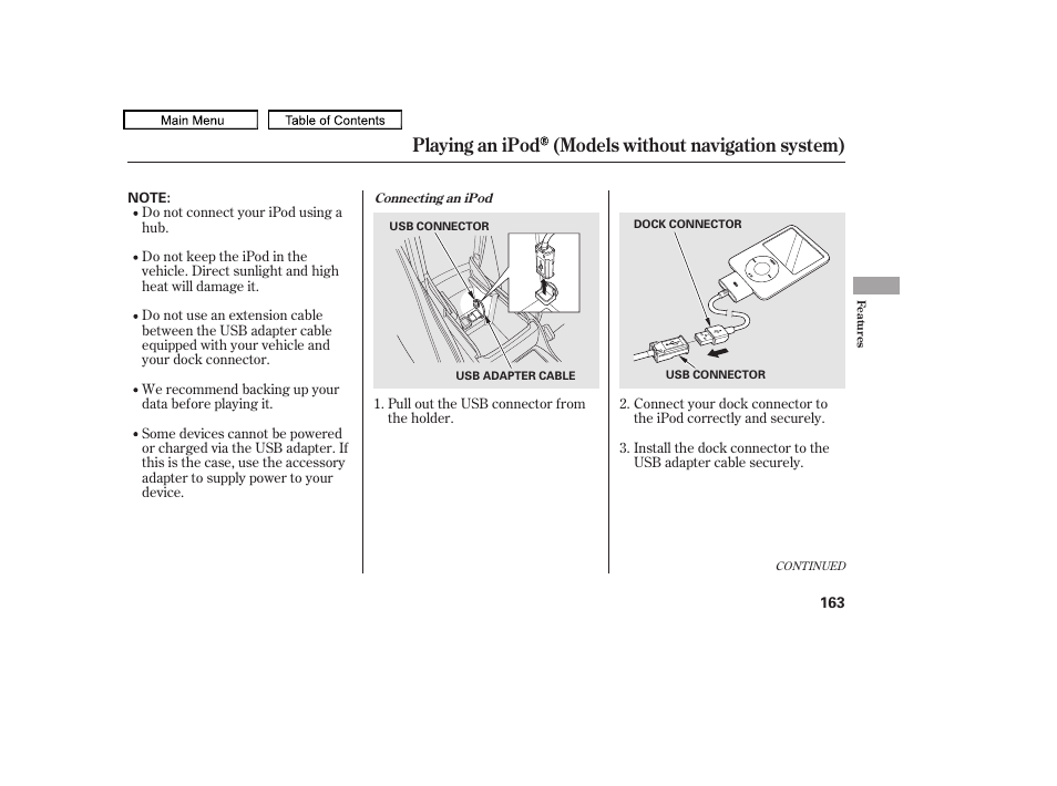 Playing an ipod (models without navigation system), 2010 accord crosstour | HONDA 2010 Accord Crosstour - Owner's Manual User Manual | Page 166 / 434