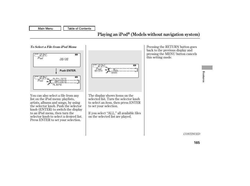 Playing an ipod (models without navigation system) | HONDA 2010 Accord Crosstour - Owner's Manual User Manual | Page 168 / 434