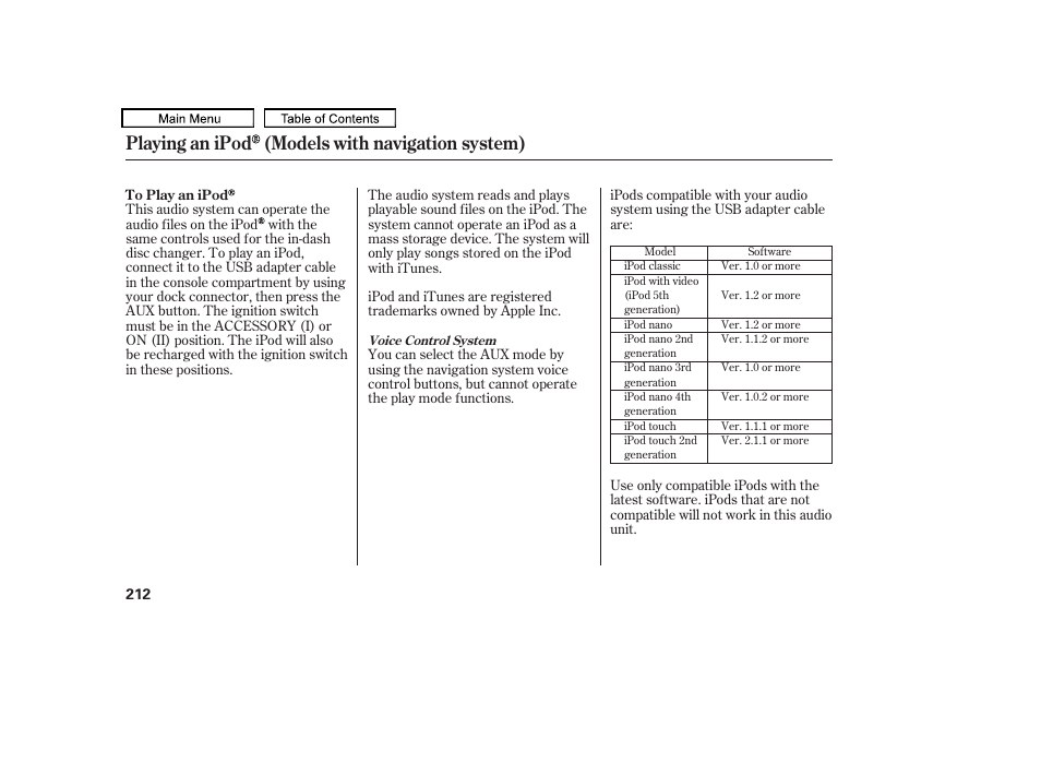 Playing an ipod (models with navigation system), 2010 accord crosstour | HONDA 2010 Accord Crosstour - Owner's Manual User Manual | Page 215 / 434