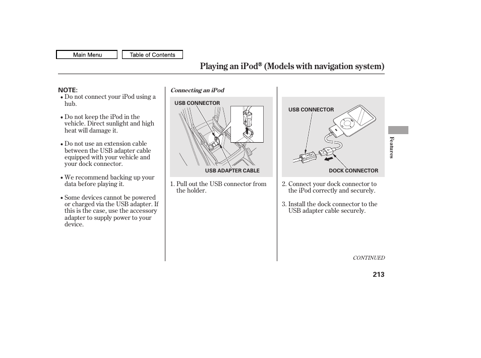 Playing an ipod (models with navigation system), 2010 accord crosstour | HONDA 2010 Accord Crosstour - Owner's Manual User Manual | Page 216 / 434