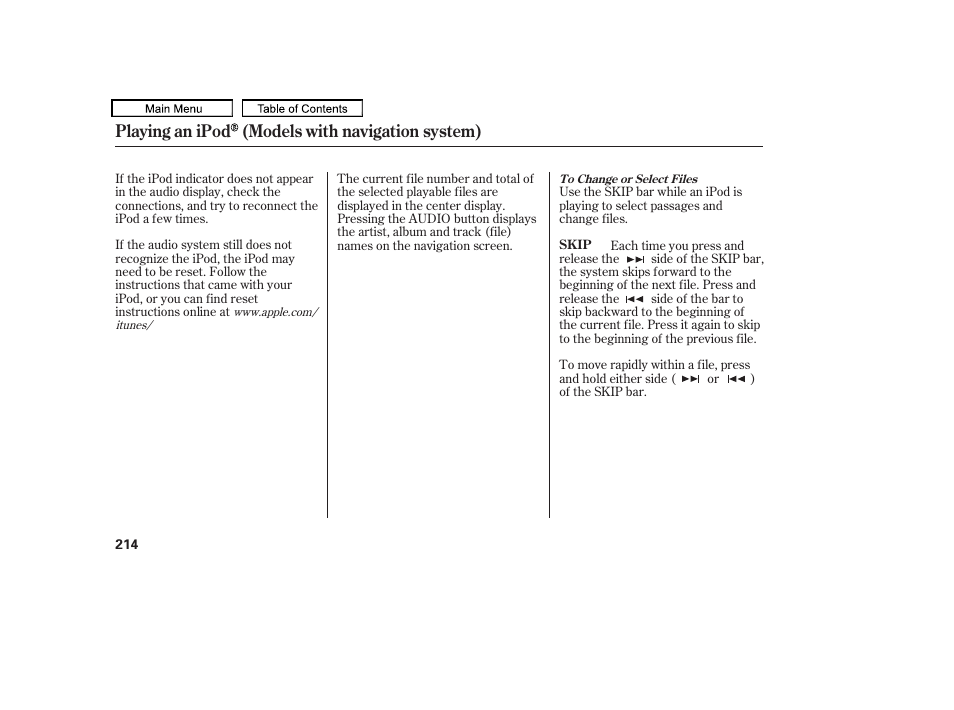 Playing an ipod (models with navigation system) | HONDA 2010 Accord Crosstour - Owner's Manual User Manual | Page 217 / 434