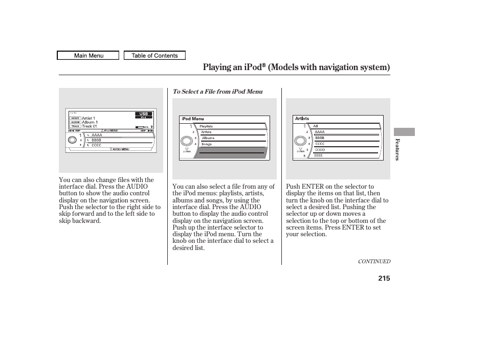 Playing an ipod (models with navigation system) | HONDA 2010 Accord Crosstour - Owner's Manual User Manual | Page 218 / 434