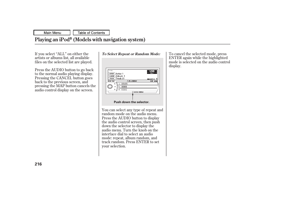 Playing an ipod (models with navigation system) | HONDA 2010 Accord Crosstour - Owner's Manual User Manual | Page 219 / 434