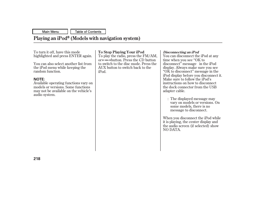 Playing an ipod (models with navigation system) | HONDA 2010 Accord Crosstour - Owner's Manual User Manual | Page 221 / 434