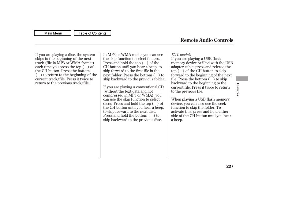 Remote audio controls | HONDA 2010 Accord Crosstour - Owner's Manual User Manual | Page 240 / 434