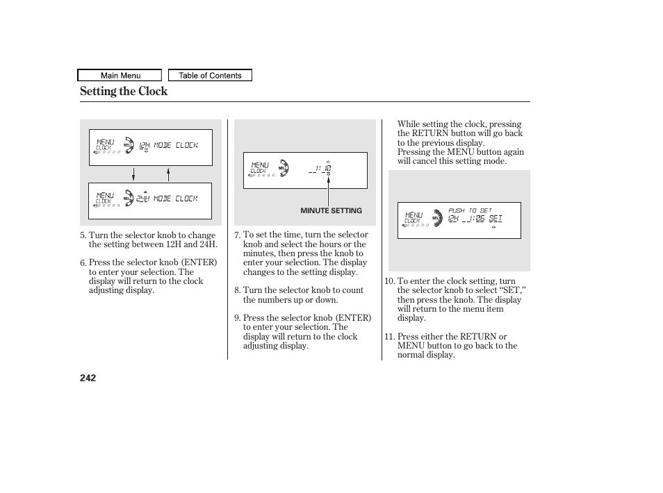 Setting the clock | HONDA 2010 Accord Crosstour - Owner's Manual User Manual | Page 245 / 434
