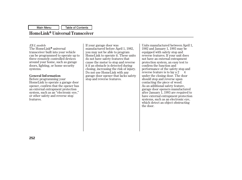 Homelink universal transceiver | HONDA 2010 Accord Crosstour - Owner's Manual User Manual | Page 255 / 434