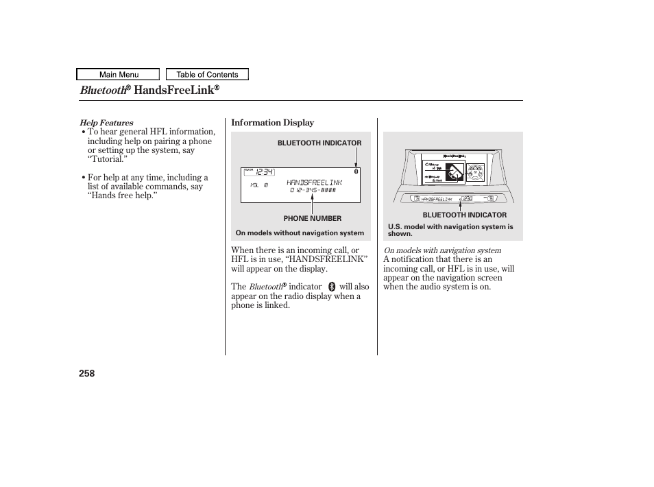 Handsfreelink, Bluetooth | HONDA 2010 Accord Crosstour - Owner's Manual User Manual | Page 261 / 434