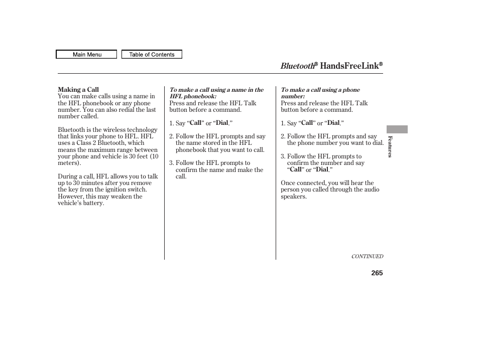 Handsfreelink, Bluetooth | HONDA 2010 Accord Crosstour - Owner's Manual User Manual | Page 268 / 434