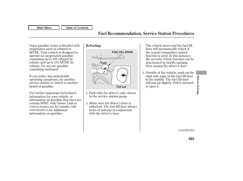 Fuel recommendation, service station procedures, 2010 accord crosstour | HONDA 2010 Accord Crosstour - Owner's Manual User Manual | Page 286 / 434