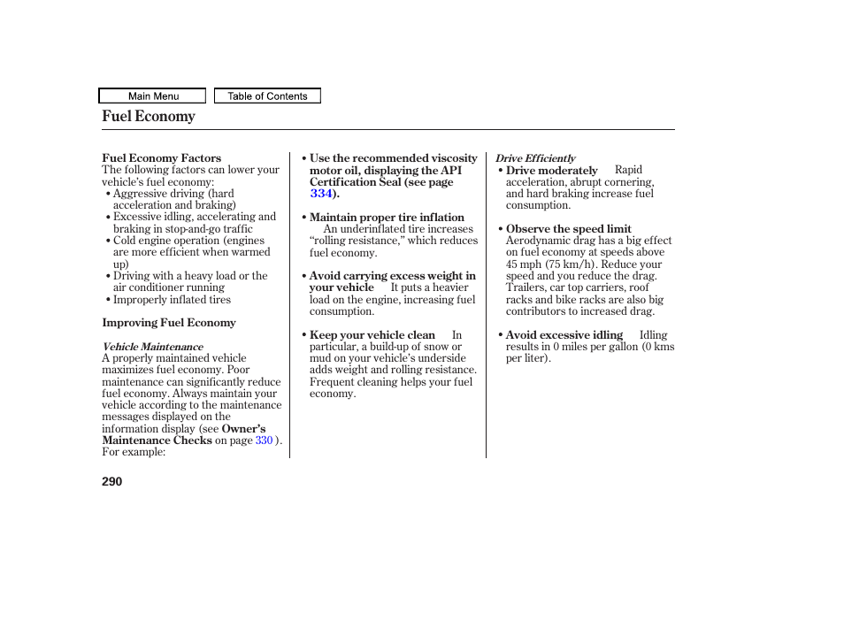 Fuel economy | HONDA 2010 Accord Crosstour - Owner's Manual User Manual | Page 293 / 434