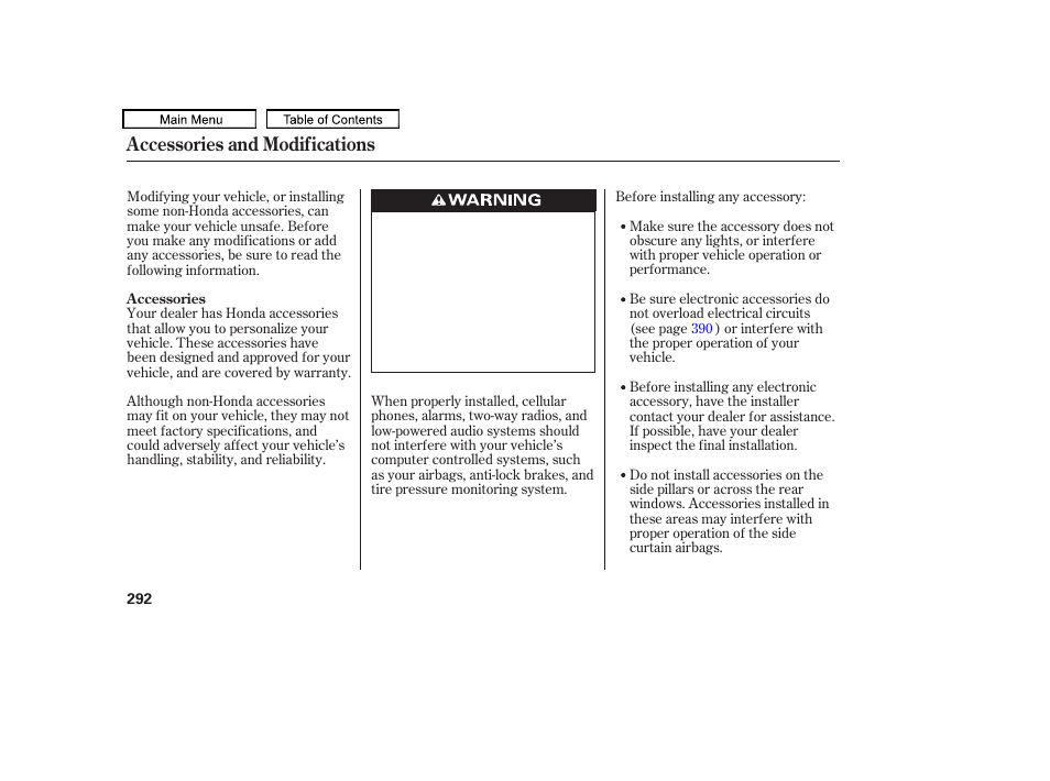 Accessories and modifications | HONDA 2010 Accord Crosstour - Owner's Manual User Manual | Page 295 / 434