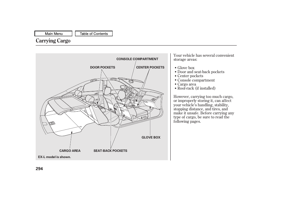 Carrying cargo, 2010 accord crosstour | HONDA 2010 Accord Crosstour - Owner's Manual User Manual | Page 297 / 434