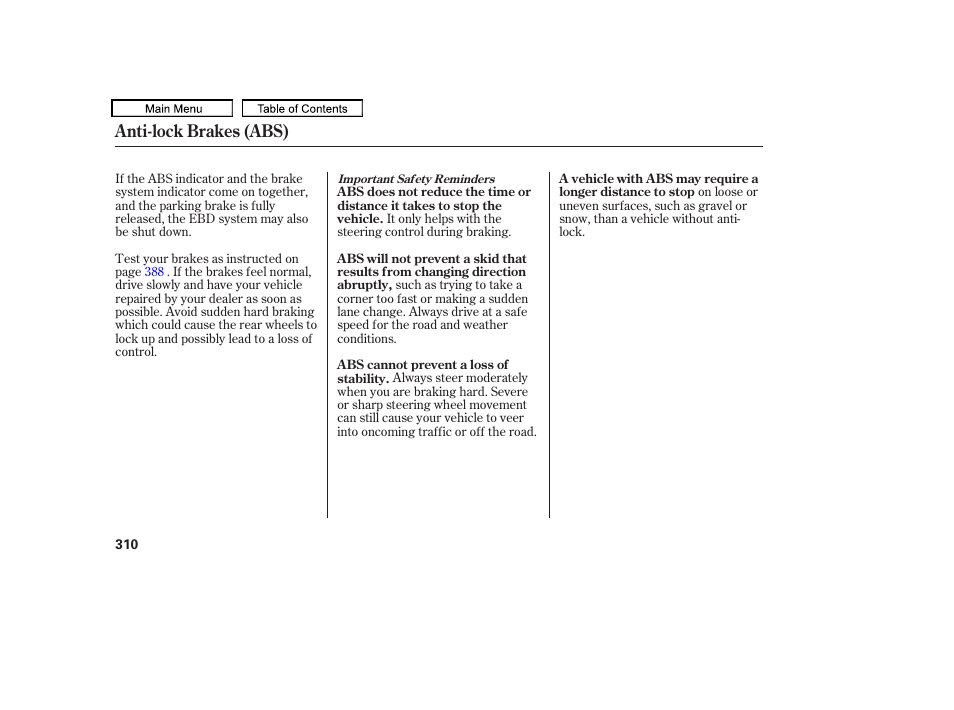 Anti-lock brakes (abs) | HONDA 2010 Accord Crosstour - Owner's Manual User Manual | Page 313 / 434